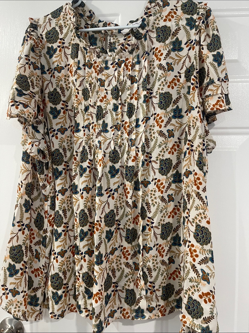 Rose & Olive Cream Floral Ruffle Sleeve Dress with Blue and Brown Accents